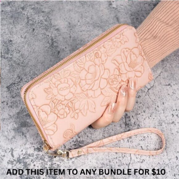 $10 ADD ON ITEM- Pink Floral Embossed Wristlet Wallet Zip Around Clutch Purse - Picture 1 of 4